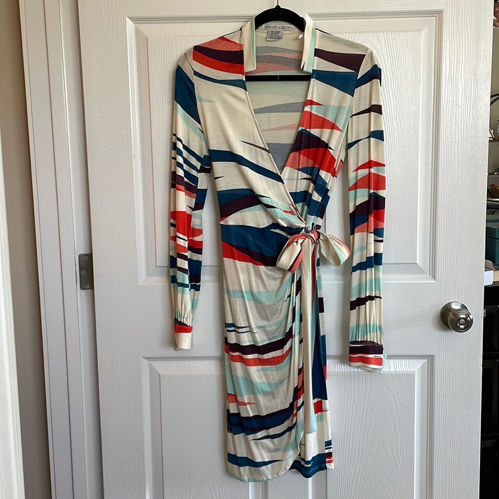 Multi colored, long sleeved dress by Maggie London.